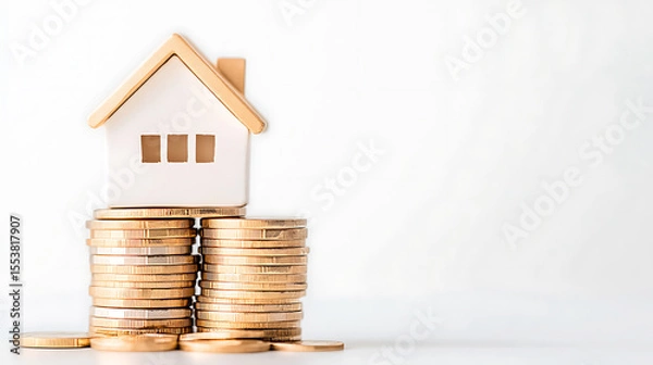 Fototapeta Model house on stacks of coins: represents real estate investment, mortgage, savings for a home, financial security, and property value.