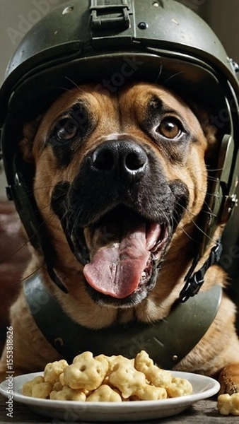 Obraz Dog in Military Tank Costume with Helmet on Field