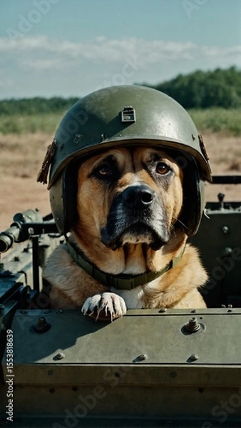 Obraz Dog in Military Tank Costume with Helmet on Field