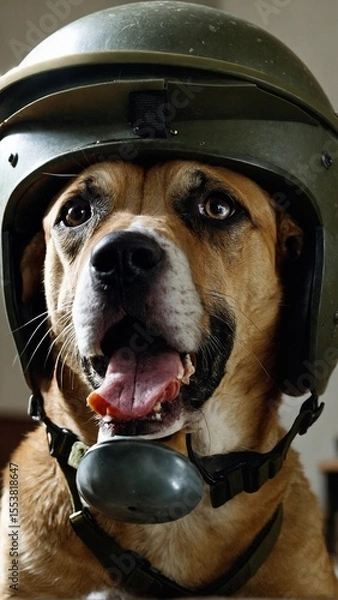 Obraz Dog in Military Tank Costume with Helmet on Field