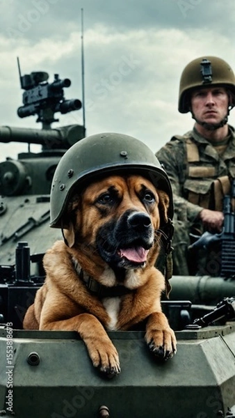 Obraz Dog in Military Tank Costume with Helmet on Field