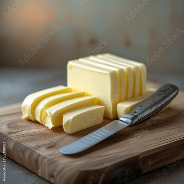 Fototapeta Fresh butter slices on a wooden cutting board with a butter knife  ready for spreading