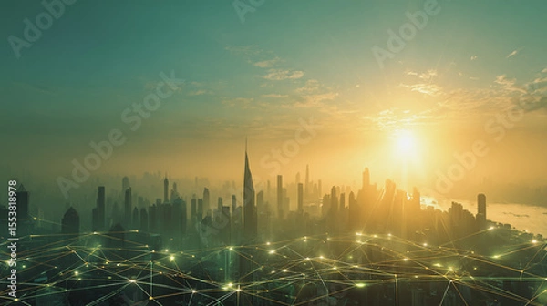 Fototapeta Smart city with connection network reciprocity over the cityscape social media networking systems that connects on the peak of success amid tall, innovative Smart city and graphs with statistics