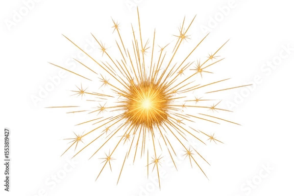 Fototapeta Bright golden firework exploding creating a star shape, with sparks and light rays on a transparent background