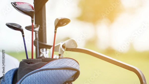 Fototapeta Golf clubs resting in a bag with a soft focus background of a bright morning on the golf course. The composition emphasizes relaxation, readiness, and sporting lifestyle.