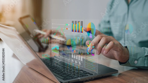Fototapeta Data Visualization with Interactive Business Dashboard, The image represents modern business intelligence, data-driven decisions, and digital transformation.