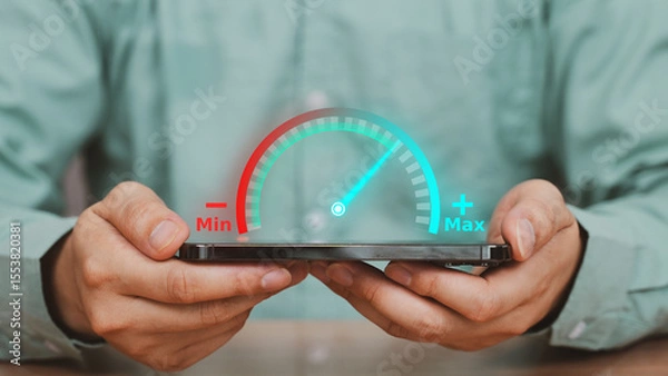 Fototapeta Performance Meter Displayed on Digital Tablet, digital performance meter gauge overlay, representing measurement, performance monitoring, and business analysis in a tech-driven environment.