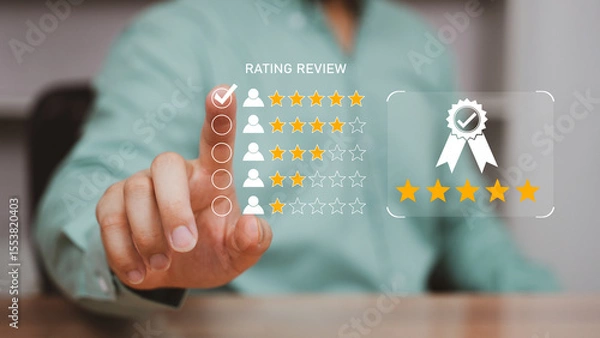 Fototapeta Customer Satisfaction Rating and Digital Review Interface, A business professional interacts with a virtual screen showing star ratings, review metrics, and digital feedback interface.