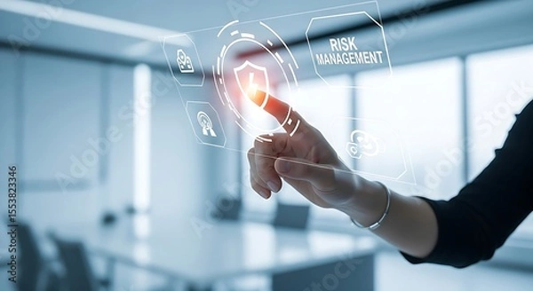 Fototapeta Person interacts with a virtual interface displaying risk management, cybersecurity, and data protection in a modern setting.