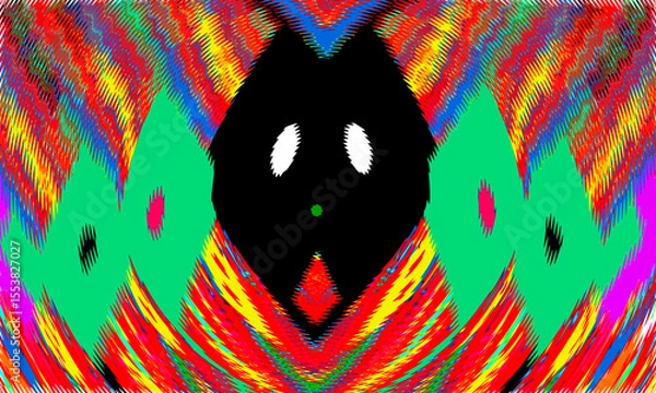 Fototapeta Vibrant and chaotic patterns of red, yellow, and orange create a mesmerizing symmetrical design, surrounding a central black shape with two white ovals resembling eyes with Aqua-green elements 