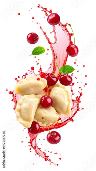 Fototapeta Varenyky or pierogi with cherry juice splashing on transparent background