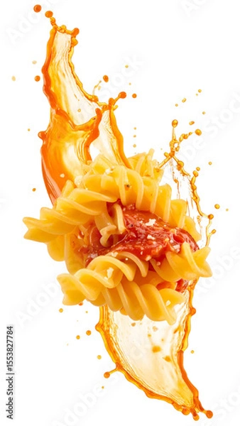 Fototapeta Delicious fusilli pasta with tomato sauce splashing on transparent background