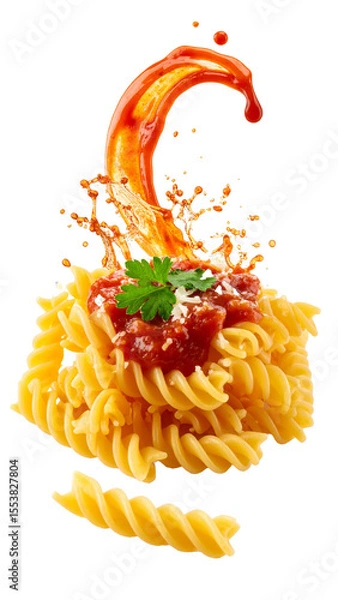 Fototapeta Delicious fusilli pasta with tomato sauce splashing on transparent background