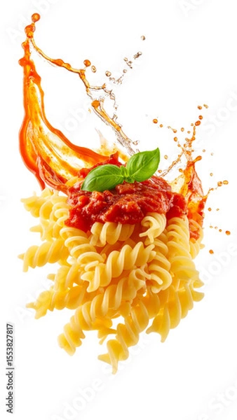 Fototapeta Delicious fusilli pasta with tomato sauce splashing on transparent background