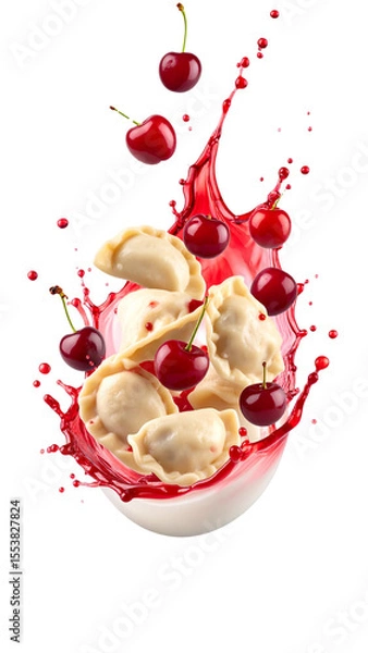 Fototapeta Varenyky or pierogi with cherry juice splashing on transparent background