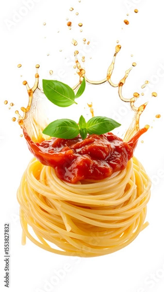 Fototapeta Delicious fusilli pasta with tomato sauce splashing on transparent background