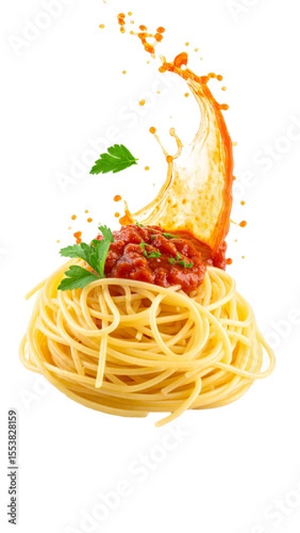Fototapeta Delicious fusilli pasta with tomato sauce splashing on transparent background