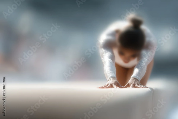 Fototapeta dynamic portrait of gymnast executing graceful move on mat joyful emotion