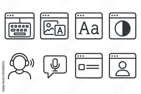 Fototapeta Web Accessibility Icons. Line style icons of accessibility in web: keyboard nav, alt text, font scaling, high contrast, screen