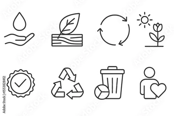 Fototapeta Sustainable Design Icons. Line style icons of sustainable design ethics: resource saving, eco-friendly materials, lifecycle icon,