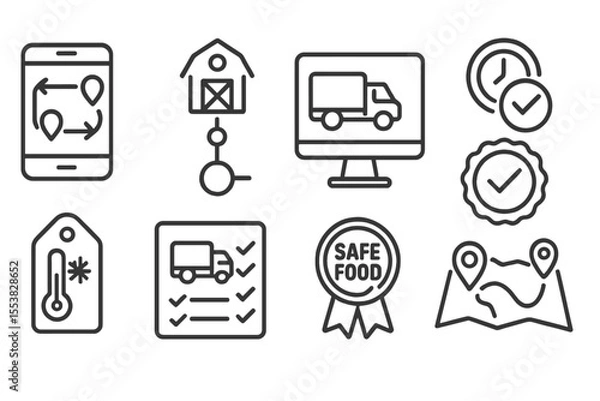 Fototapeta Agro-Industrial Icons. Line style icons of agro-industrial technologies: supply chain tracker, farm-to-factory chart, logistics