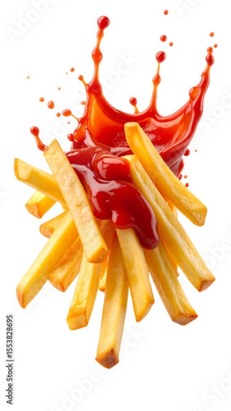 Fototapeta French fries covered with splashing ketchup on transparent background