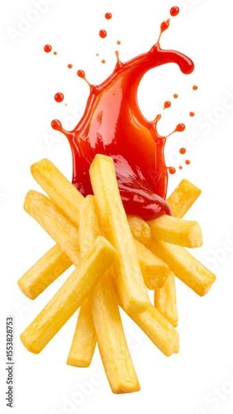 Fototapeta French fries covered with splashing ketchup on transparent background