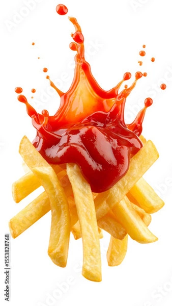 Fototapeta French fries covered with splashing ketchup on transparent background