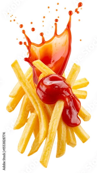 Fototapeta French fries covered with splashing ketchup on transparent background