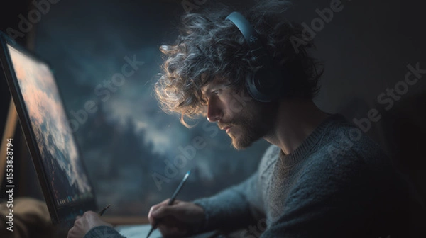 Fototapeta Designer wearing headphones, focused on digital art creation at computer desk