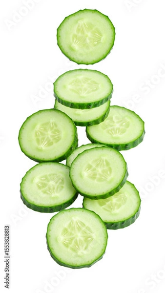 Fototapeta Sliced cucumber falling on transparent background