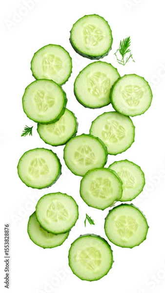 Fototapeta Sliced cucumber falling on transparent background
