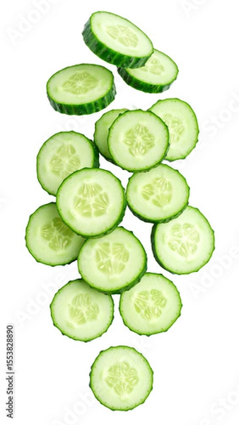 Fototapeta Sliced cucumber falling on transparent background