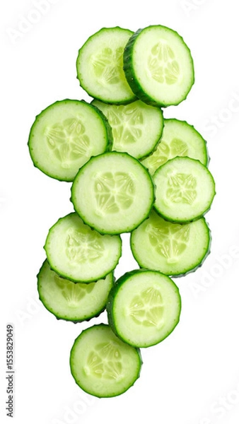 Fototapeta Sliced cucumber falling on transparent background