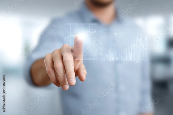 Obraz Businessman Using Touchscreen Interface with Financial Data Charts – Modern Technology Concept