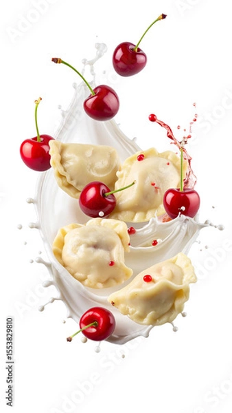 Fototapeta Varenyky or pierogi with cherry juice splashing on transparent background