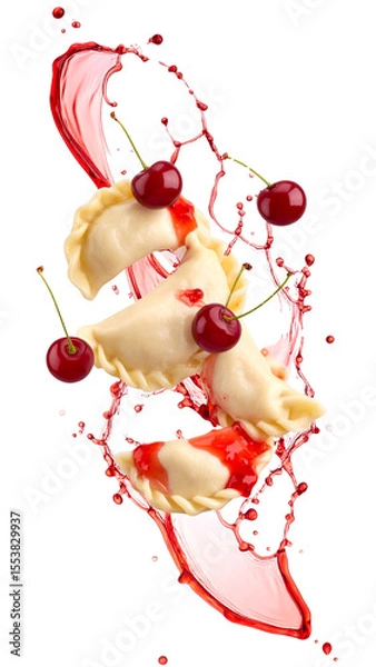 Fototapeta Varenyky or pierogi with cherry juice splashing on transparent background