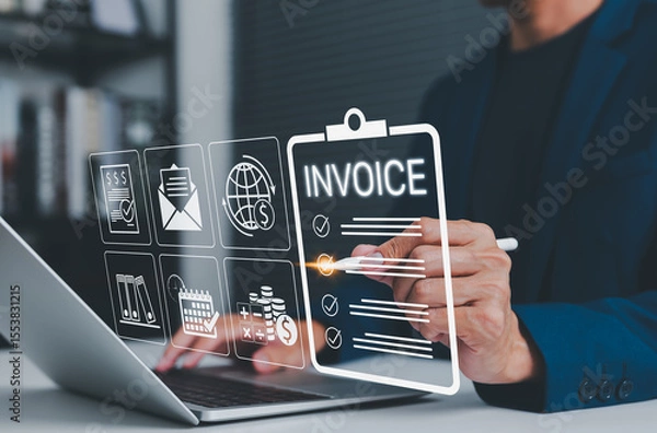Obraz E-Invoice and Digital Billing Automation Concept. Businessman using digital tools on laptop to manage invoices, with icons representing financial documents, payments, transactions, and bill statement.