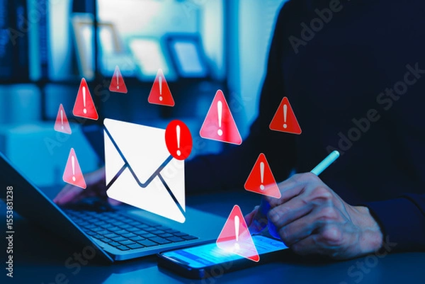 Obraz Email security threat notification and spam warning concept. A person using smartphone with icons of mail envelopes showing red warning symbols represent potential email security threats, spam alerts,