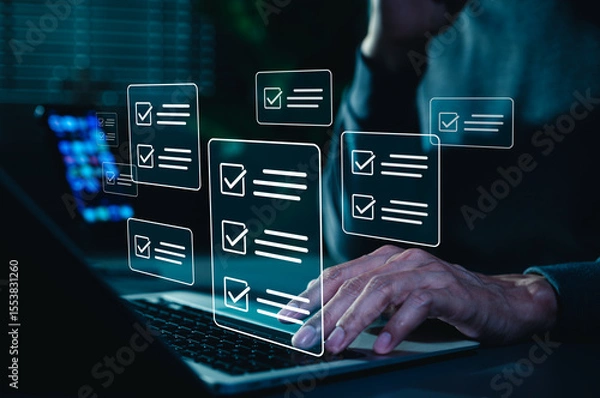 Obraz Online assessment and survey concept. A person interacts with virtual checklist on laptop, symbolizing online assessments, surveys, exams, or quizzes. digital evaluation and data collection. fill out,