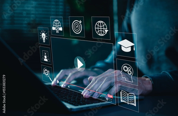 Obraz Online education and e-learning concept. Person use laptop with icons representing online education, learning, knowledge sharing, educational tools, training, webinar on internet, digital courses,