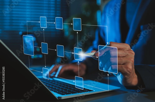 Obraz Workflow automation and business process mapping concept. Businessman using laptop with flowchart interface, representing workflow automated, process planning, business flow, system optimization,