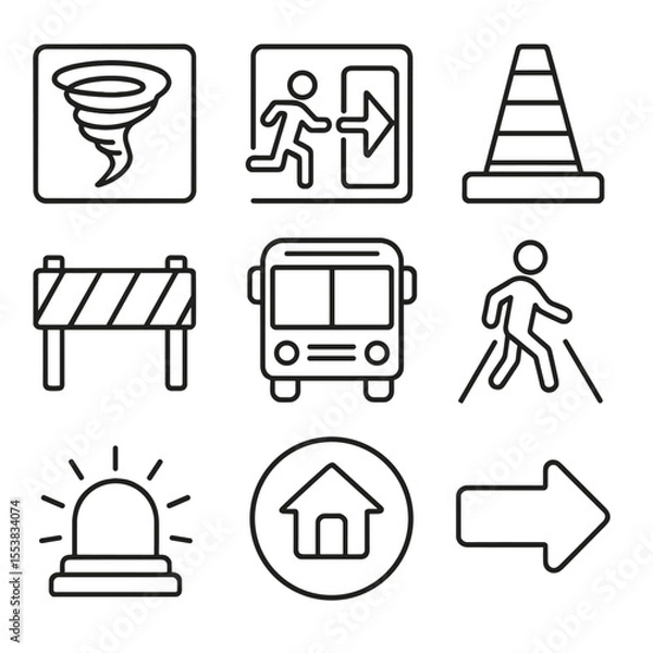 Obraz Tornado Evacuation Icons. Outline style icons of tornado evacuation: escape route, emergency exit, traffic cone, road barrier,