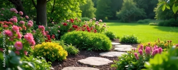 Fototapeta Small stone bush garden with vibrant colorful flowers and natural surroundings, nature, garden
