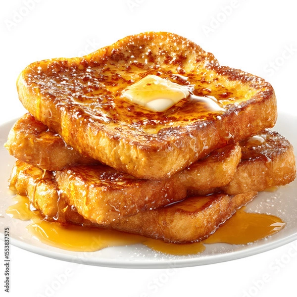 Fototapeta Golden french toast stack topped with butter and maple syrup on a plate, transparent background
