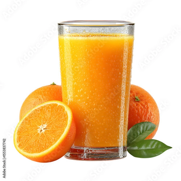 Fototapeta Refreshing orange juice in a glass with ripe oranges against a transparent background