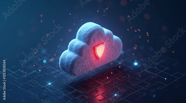 Fototapeta cyber shield protecting a glowing cloud, floating in digital space, network grid in background, 3D concept