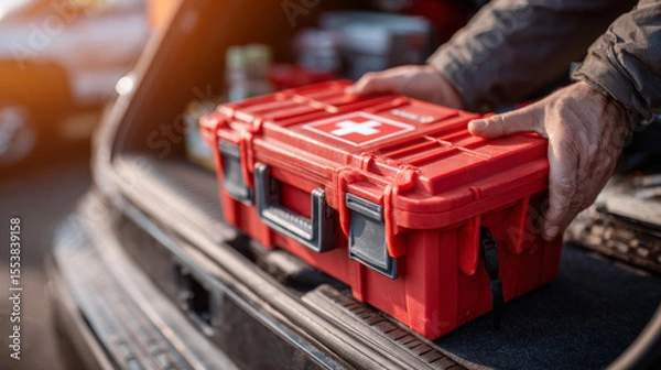 Fototapeta A close-up shows a person handling a first aid kit inside a car, underlining vehicle emergency readiness