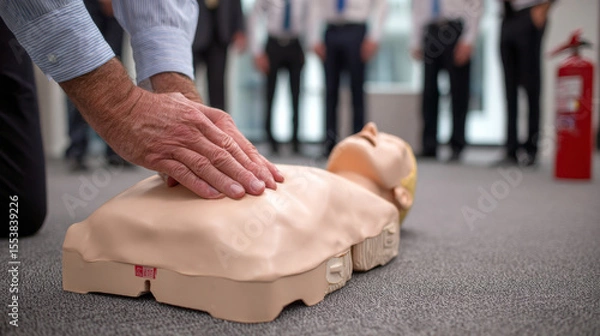 Fototapeta A demonstration of CPR shows hands performing chest compressions and rescue breaths, emphasizing life-saving first aid skills