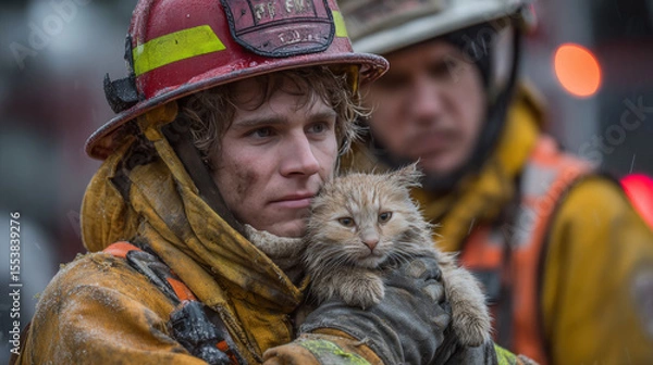 Fototapeta A firefighter clad in protective clothing holds a rescued cat, while a second responder stands near a fire truck--capturing the essence of emergency action